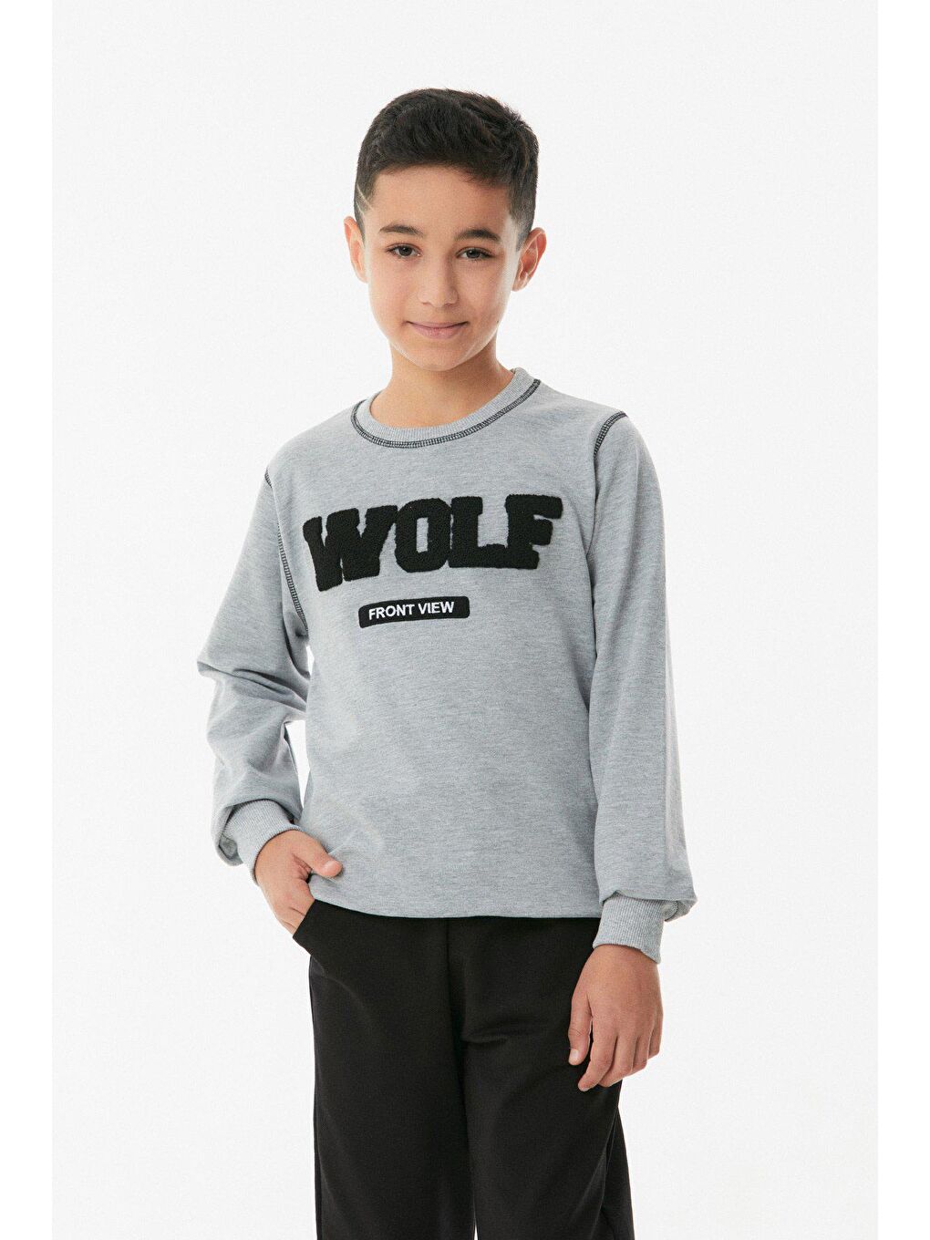 Gri Nakışlı Bisiklet Yaka Jogger Erkek Çocuk Eşofman Takımı-3