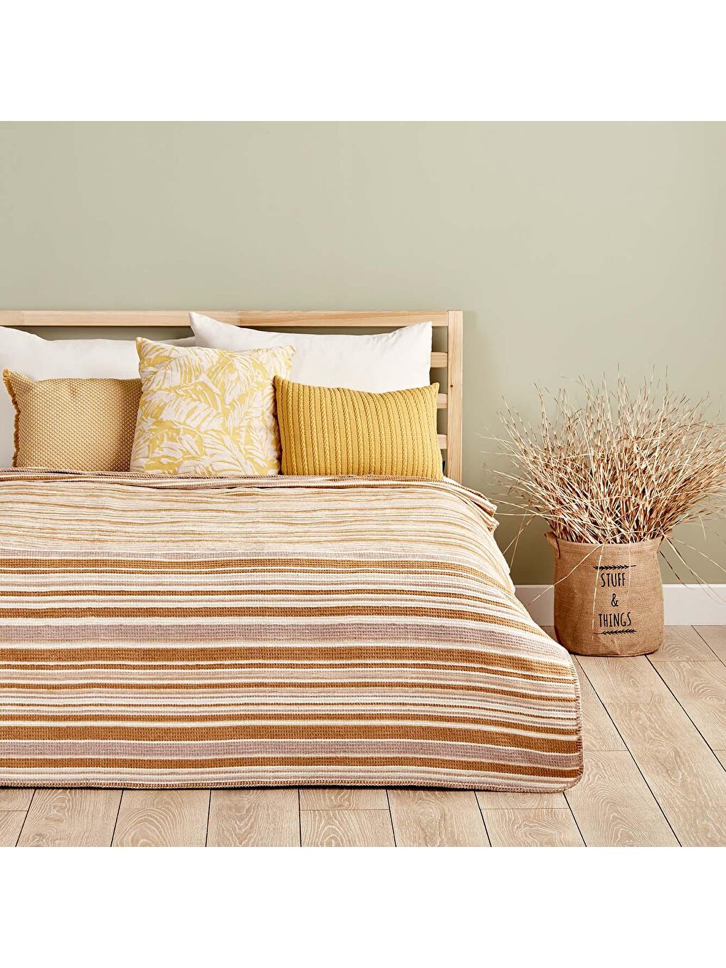 Stripe Pamuklu Tek Kişilik Battaniye Bej