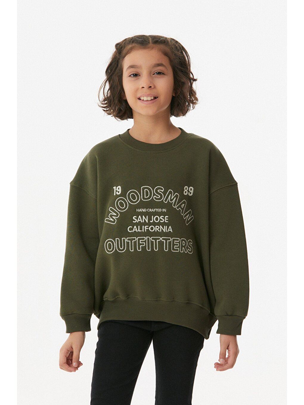 Haki Nakışlı Bisiklet Yaka Unisex Çocuk Sweatshirt