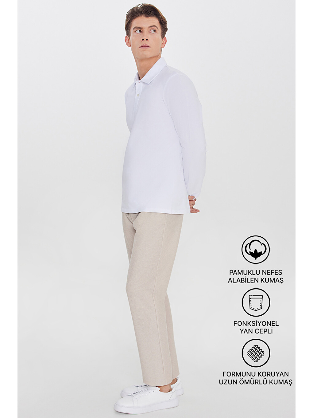 Erkek Bej Pamuklu Standart Fit Normal Kesim Beli Lastikli Diagonal Desenli Örme Pantolon-1