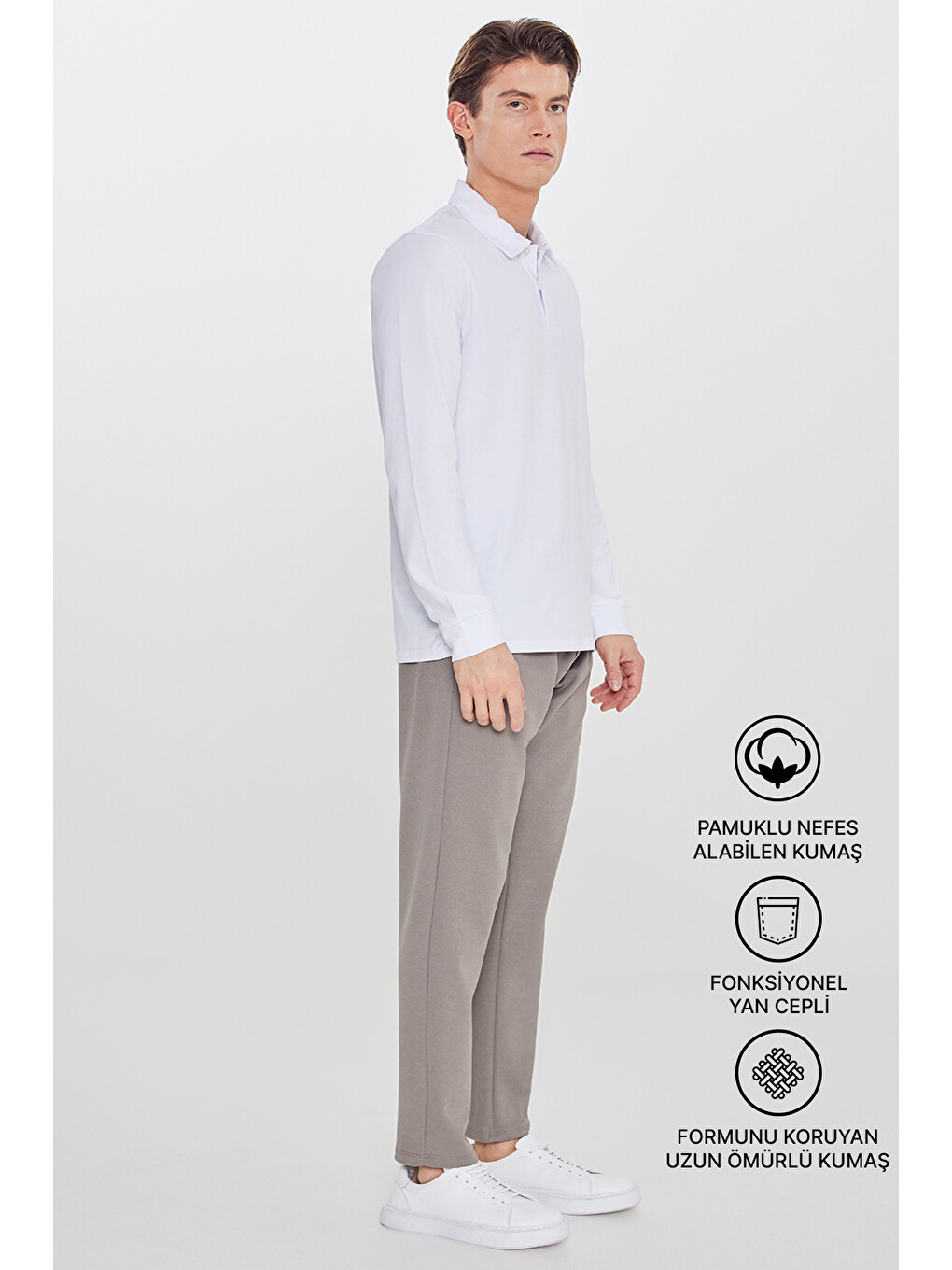 Bej Erkek Vizon Pamuklu Standart Fit Normal Kesim Beli Lastikli Diagonal Desenli Örme Pantolon
