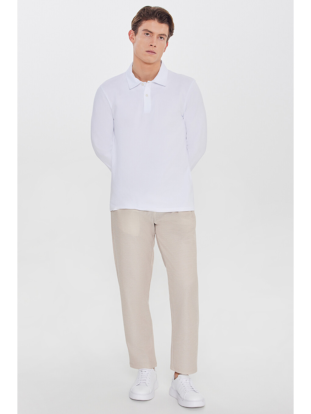 Erkek Bej Pamuklu Standart Fit Normal Kesim Beli Lastikli Diagonal Desenli Örme Pantolon-3