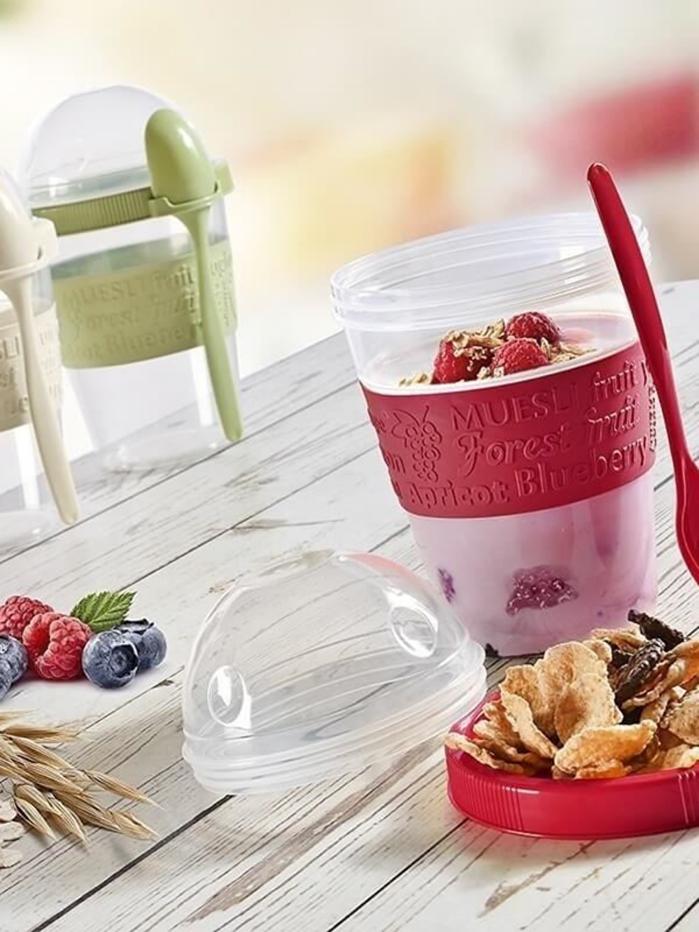 Go Detoks  Kapaklı Kaşıklı Hazırla ve Çık Meyveli Yoğurt Müsli Kabı Beslenme Diyet 600 ml Kırmızı-1