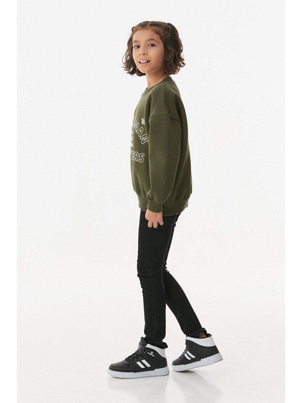 Haki Nakışlı Bisiklet Yaka Unisex Çocuk Sweatshirt-3