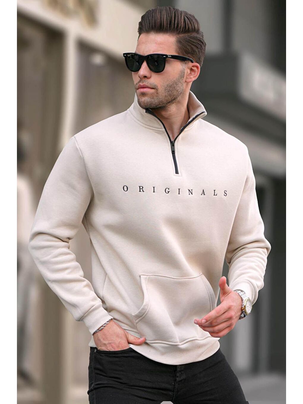 Madmext Bej Fermuar Yaka Nakışlı Sweatshirt 6028