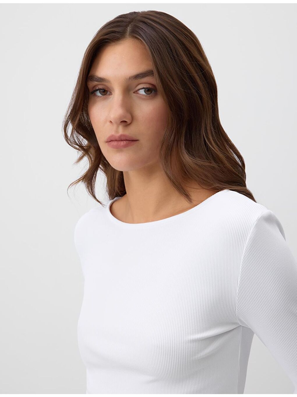 Ekru Dar Kesim Kayık Yaka Örme Bluz-2