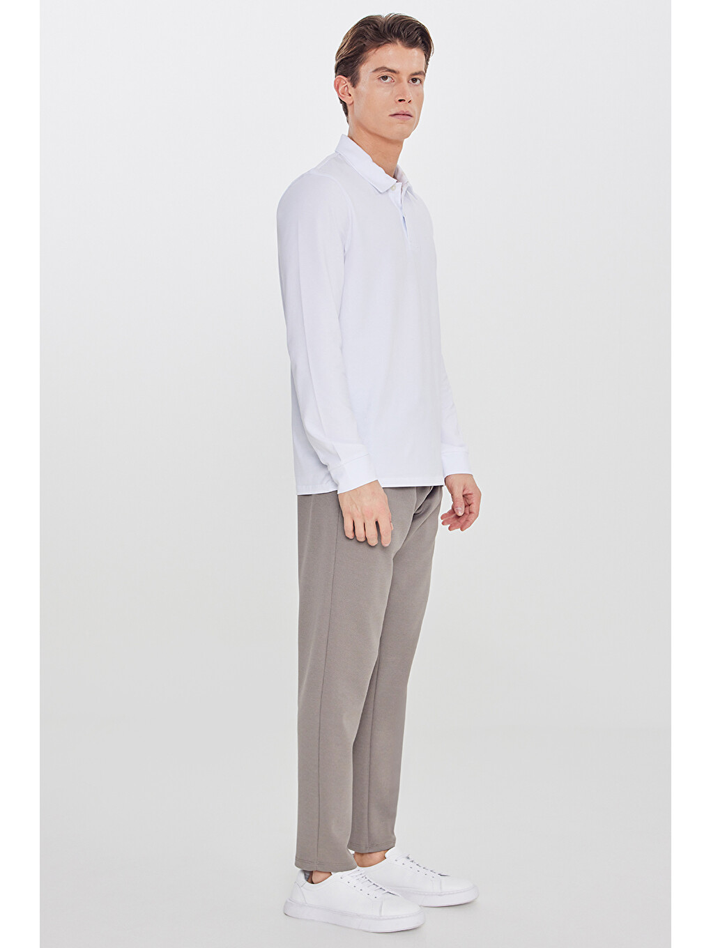 Bej Erkek Vizon Pamuklu Standart Fit Normal Kesim Beli Lastikli Diagonal Desenli Örme Pantolon-3
