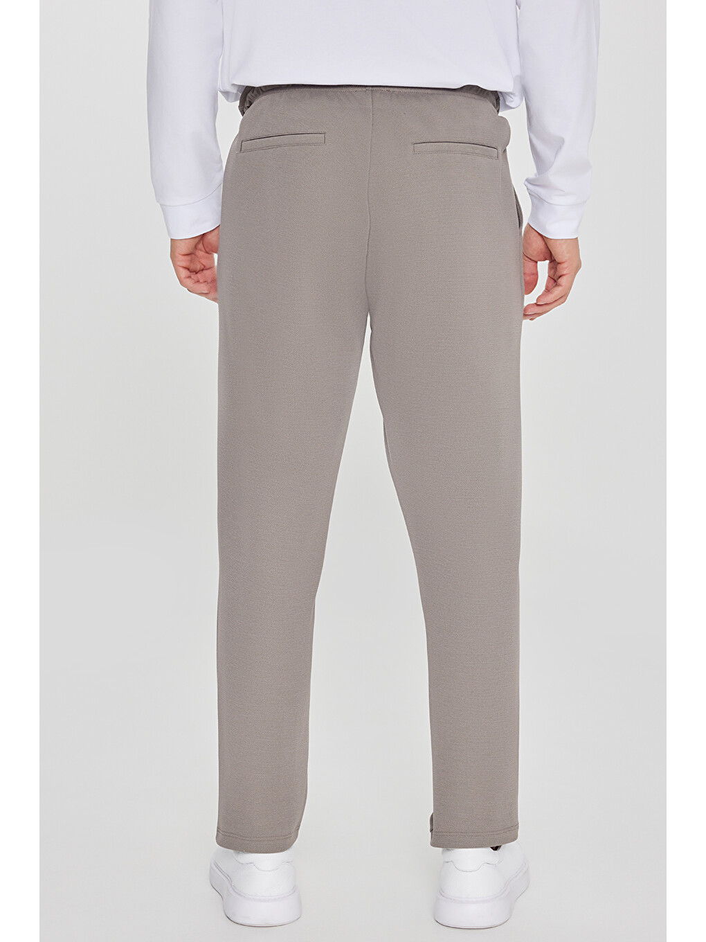 Bej Erkek Vizon Pamuklu Standart Fit Normal Kesim Beli Lastikli Diagonal Desenli Örme Pantolon-5