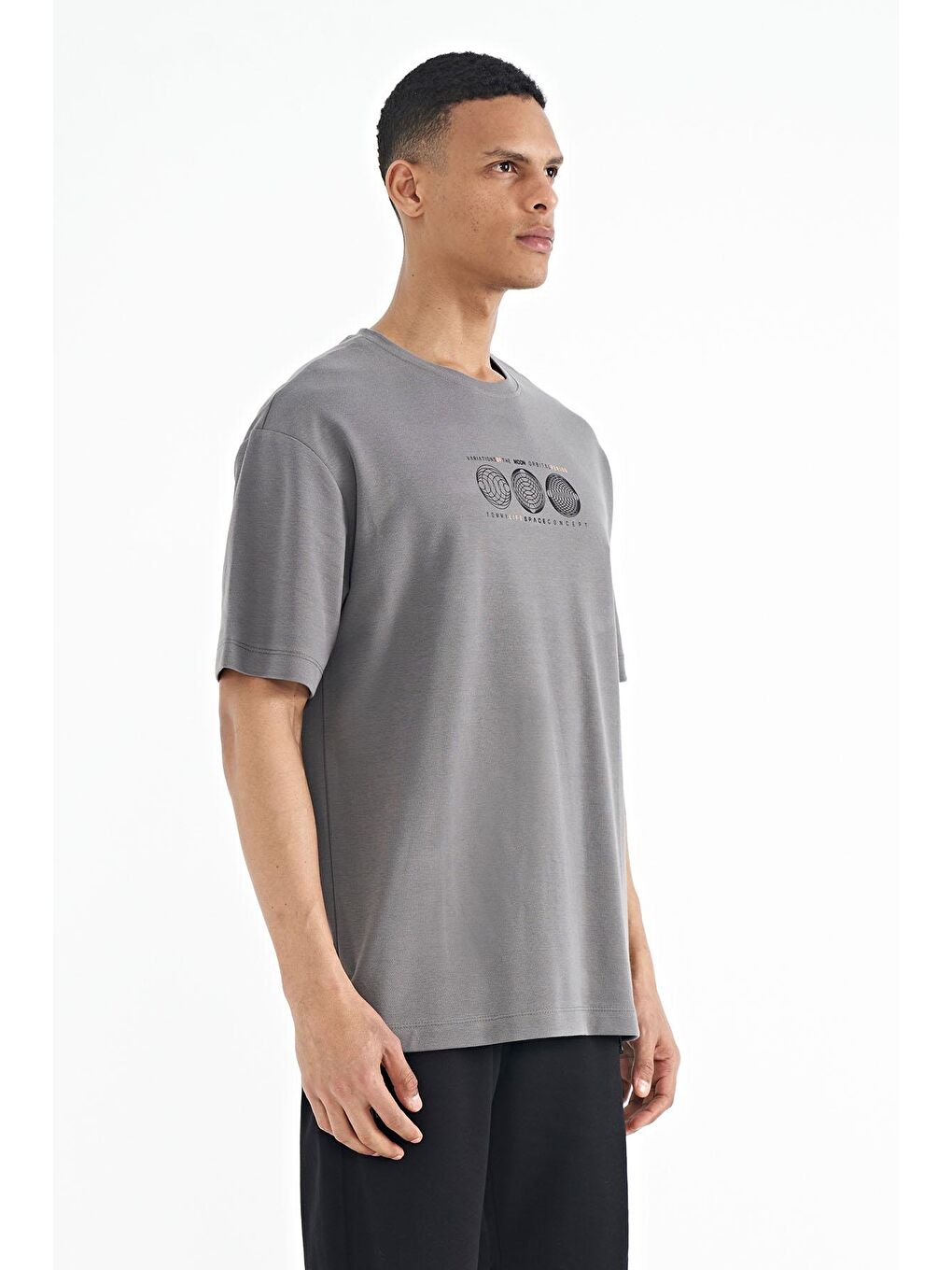 TOMMYLIFE Koyu Gri Ön Arka Baskılı O Yaka Oversize Erkek T-shirt - 88224 - 2