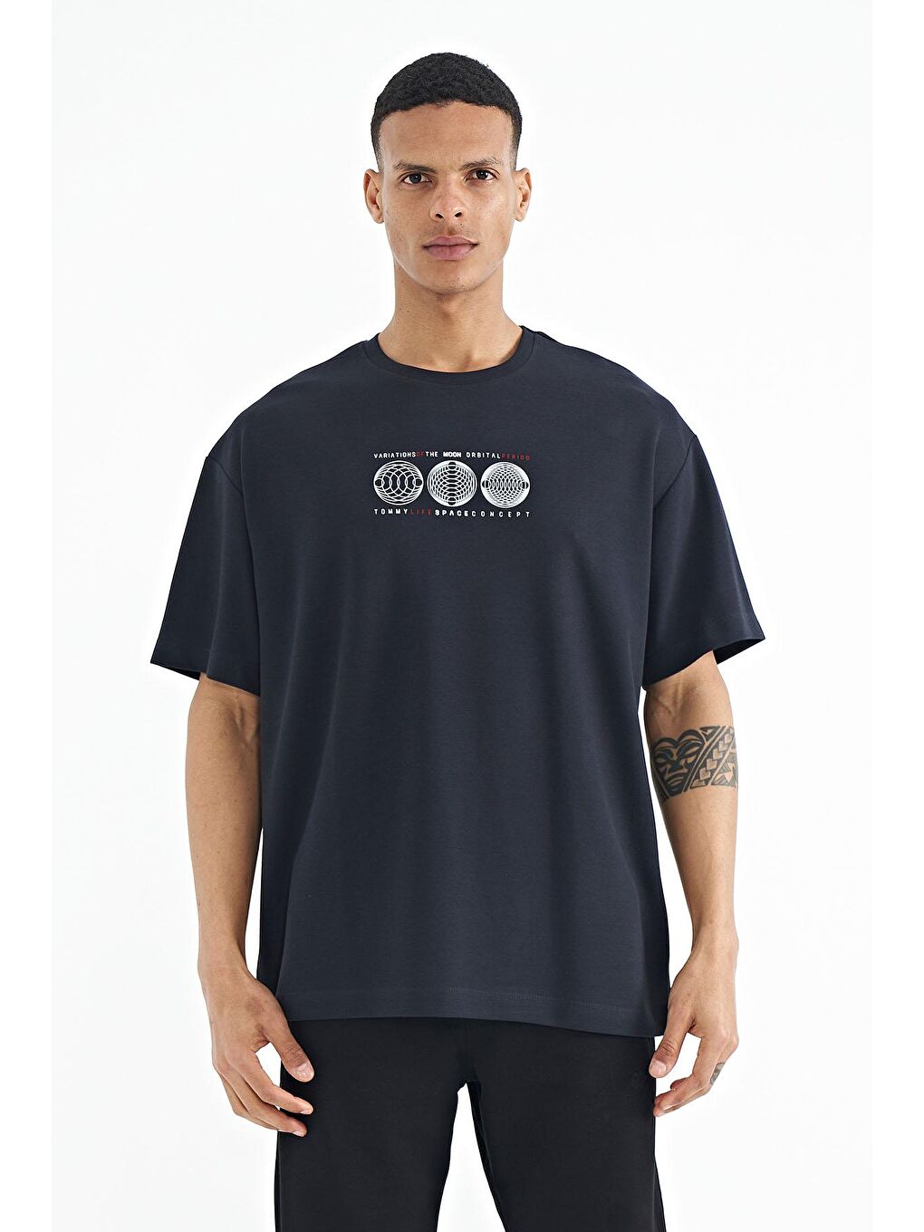 TOMMYLIFE Lacivert Ön Arka Baskılı O Yaka Oversize Erkek T-shirt - 88224