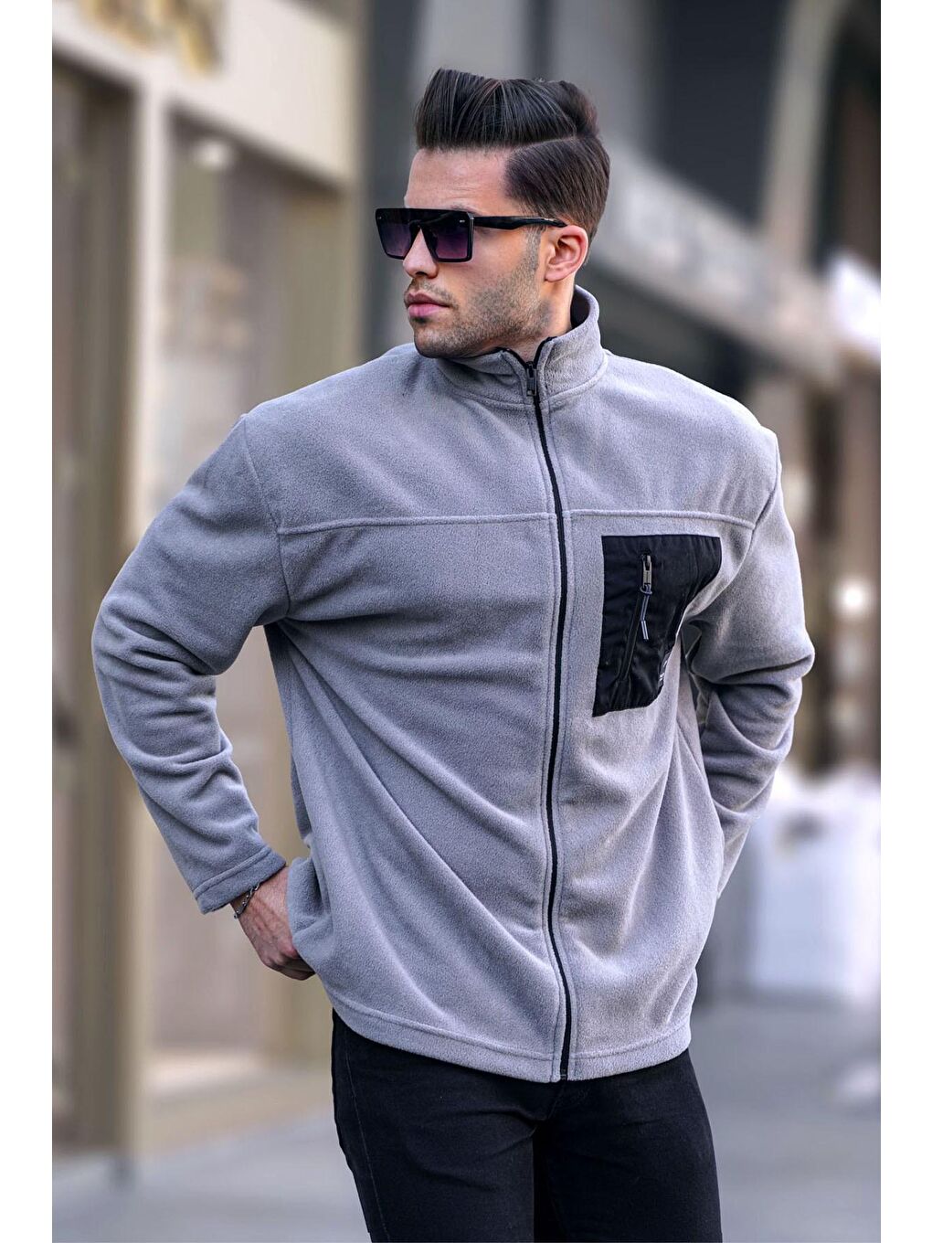 Boyalı Gri Dik Yaka  Rüzgar Geçirmez Outdoor Polar Erkek Fermuarlı Sweatshirt Hırka 6046