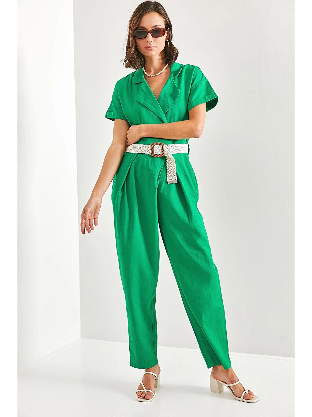 Yeşil Kadın Kemerli İnce Gabardin Tulum 20162