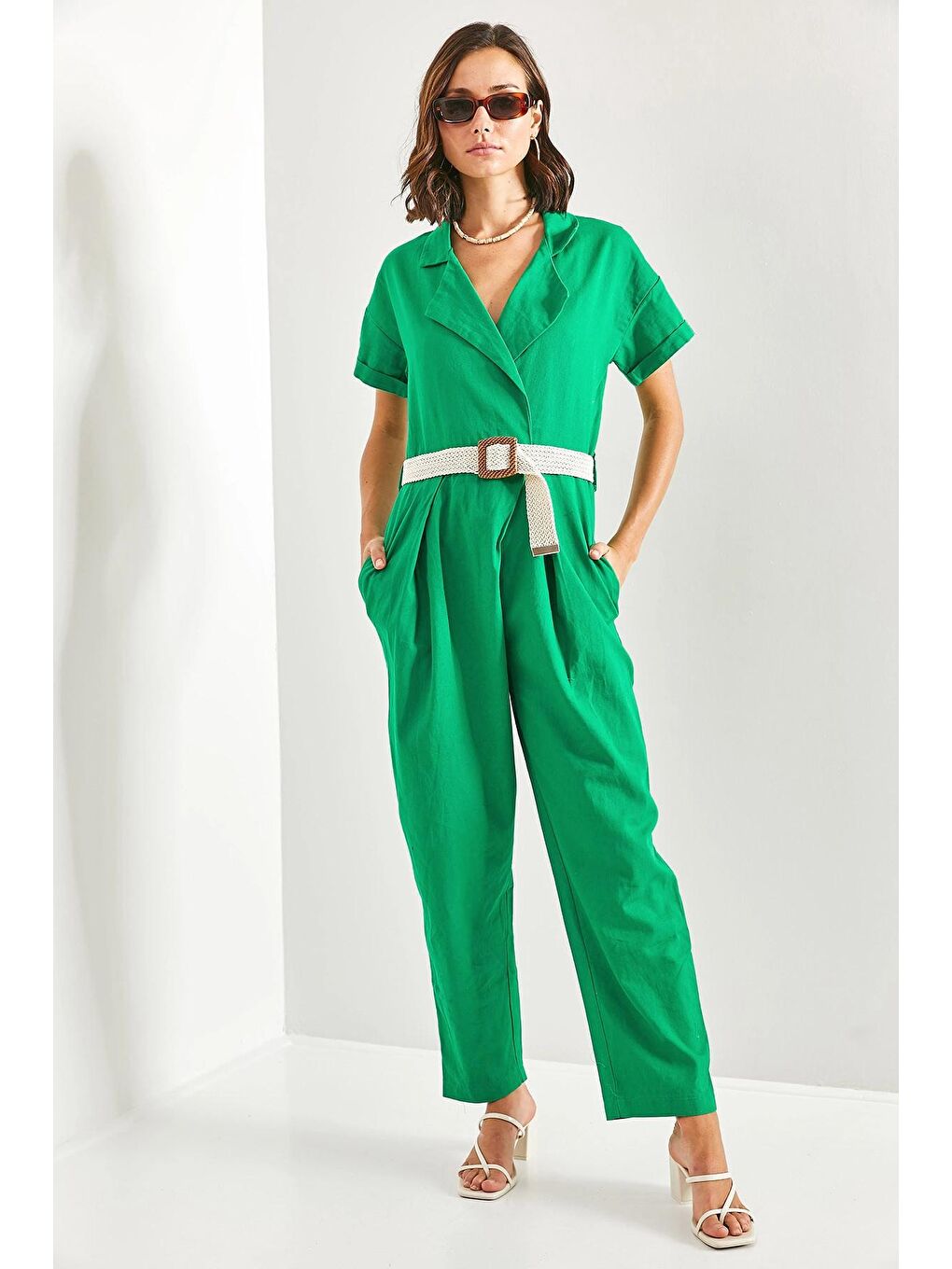 Yeşil Kadın Kemerli İnce Gabardin Tulum 20162-2