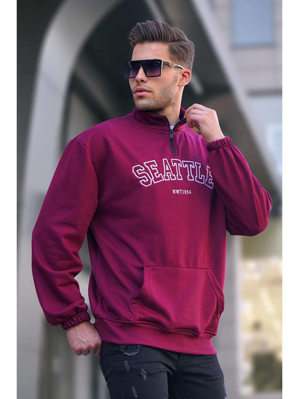 Madmext Bordo Fermuar Yakalı Nakışlı Sweatshirt 6026