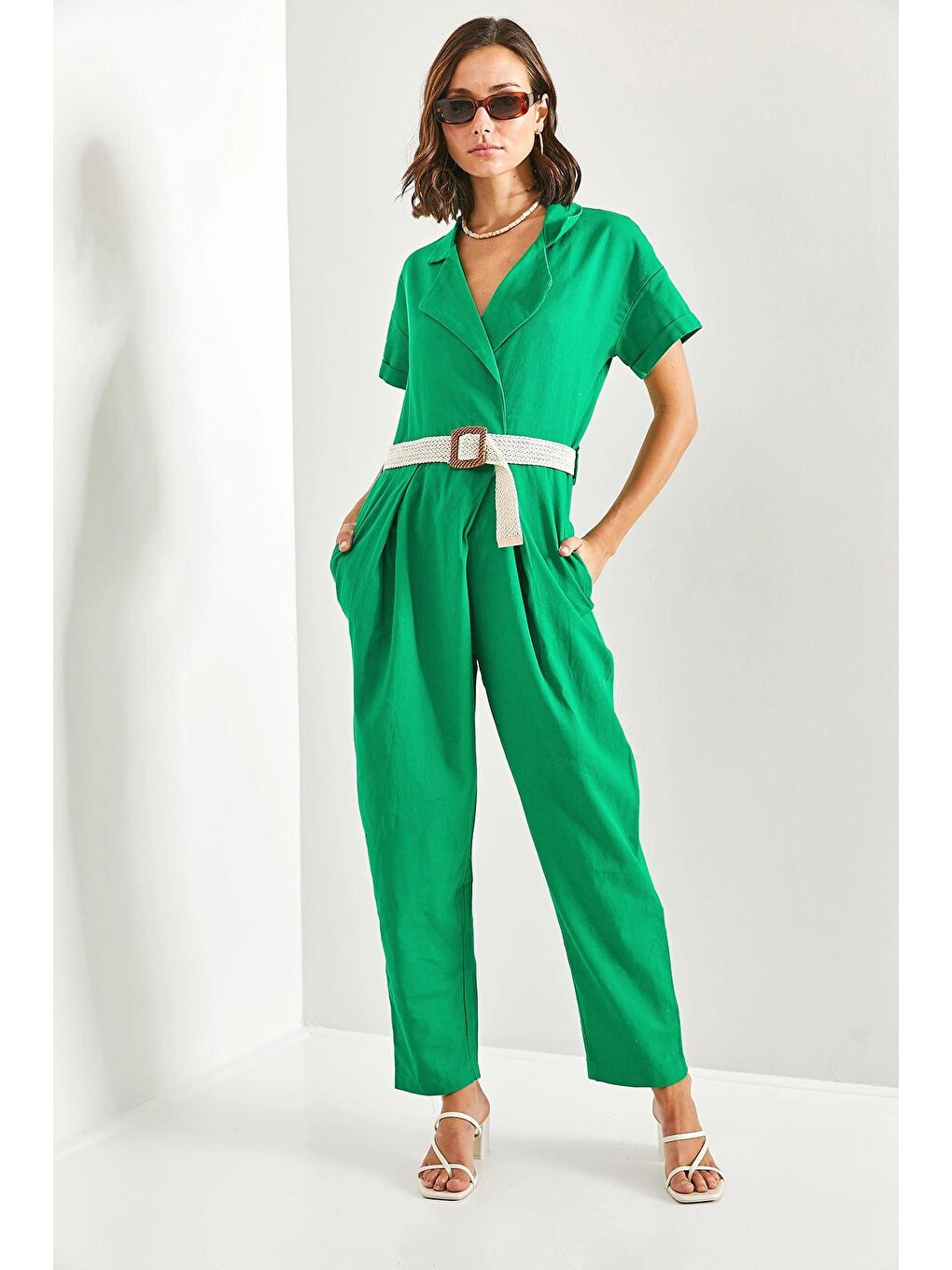 Yeşil Kadın Kemerli İnce Gabardin Tulum 20162-3