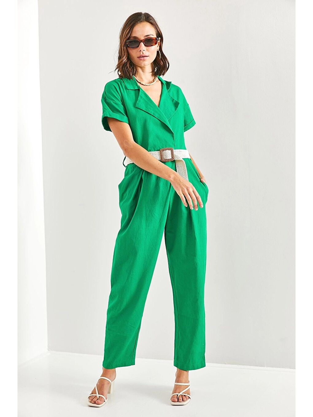 Yeşil Kadın Kemerli İnce Gabardin Tulum 20162-4