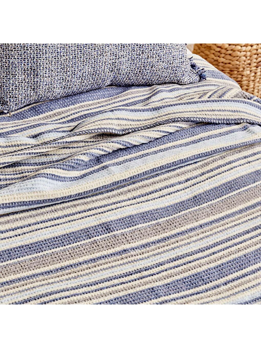 Stripe Pamuklu Çift Kişilik Battaniye Mavi-1
