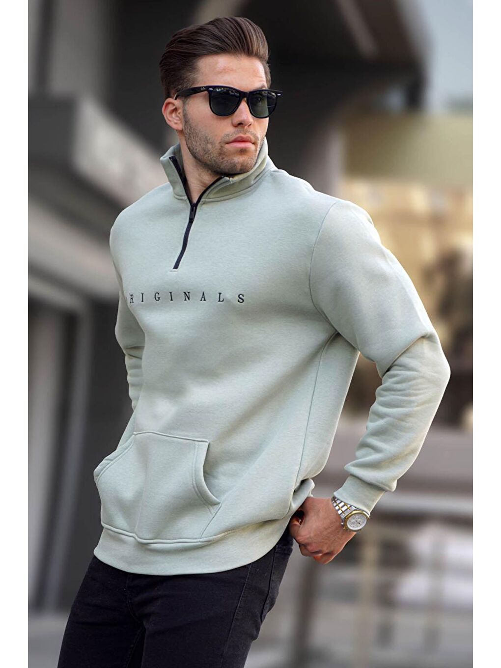 Madmext Nane Yeşili Mint Yeşili Fermuar Yaka Nakışlı Sweatshirt 6028