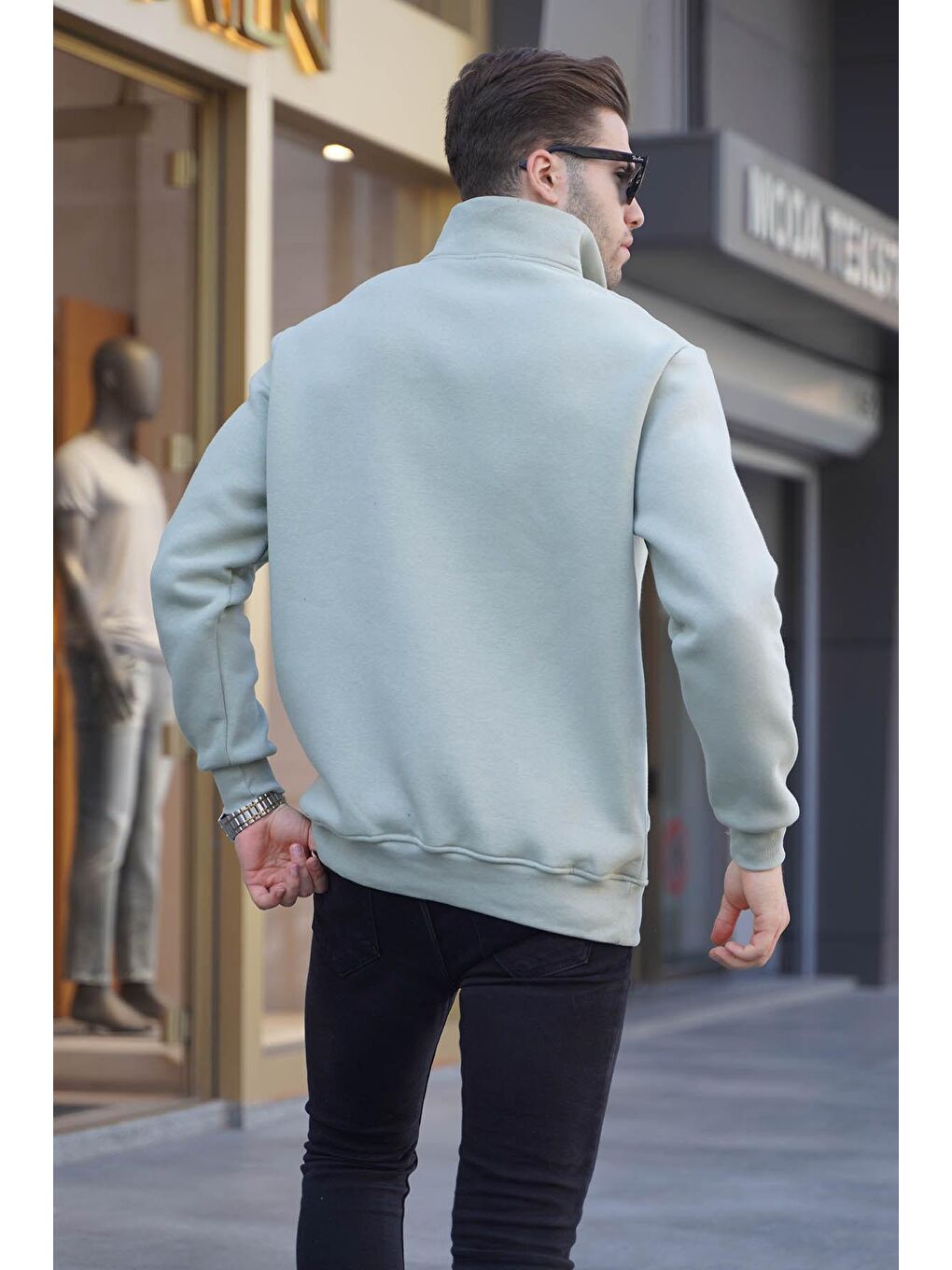 Madmext Nane Yeşili Mint Yeşili Fermuar Yaka Nakışlı Sweatshirt 6028 - 1