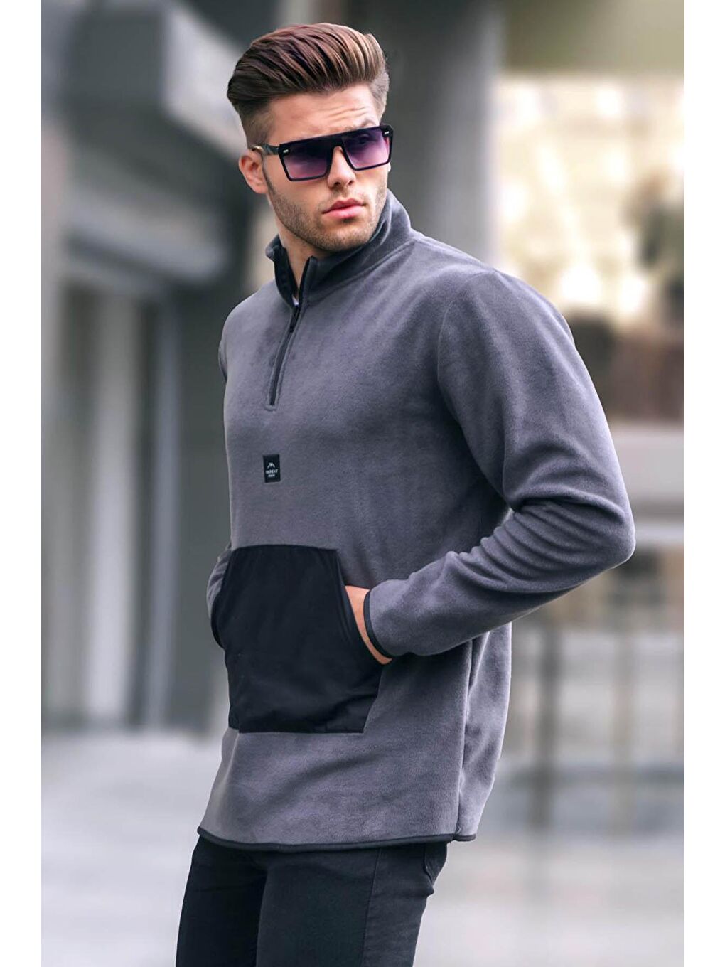 Gri Erkek Füme Bato Yaka Kanguru Cepli Soğuk Geçirmez Polar Sweatshirt 6018