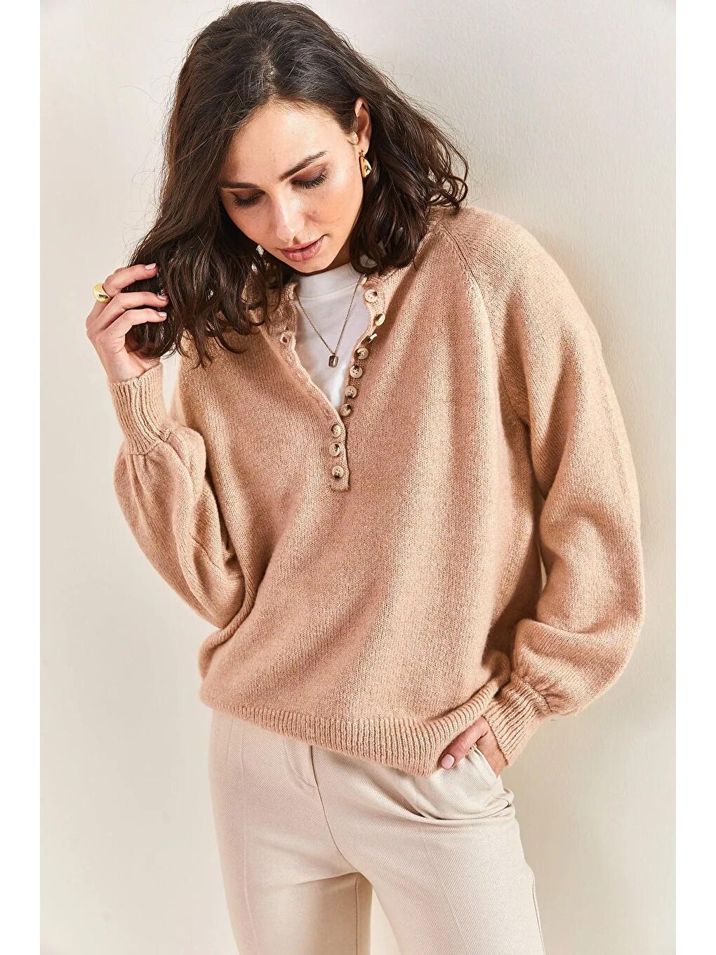 Pembe Kadın Yakası İlikli Balıkçı Yaka Çizgili Triko Kazak-1