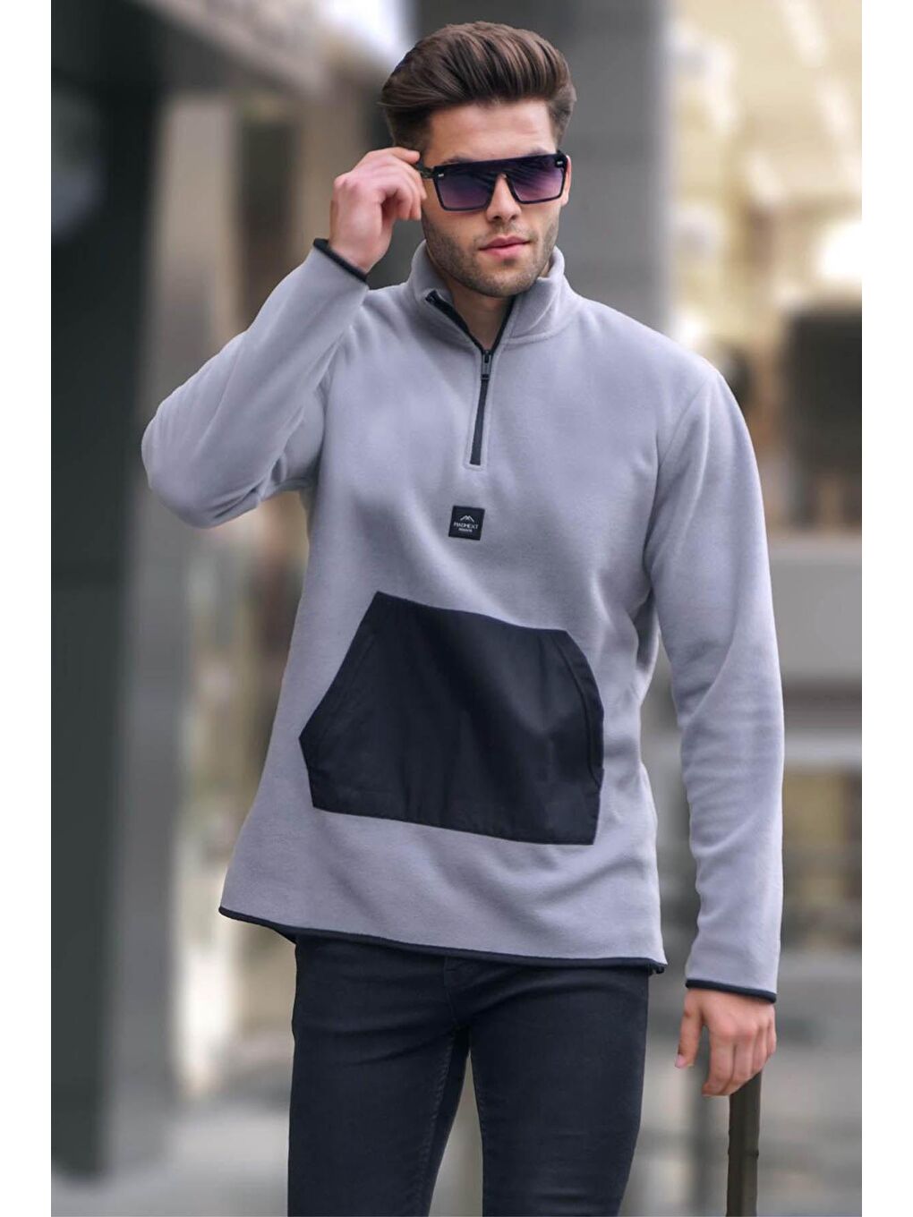 Madmext Gri Baskılı Erkek Boyalı Gri Bato Yaka Kanguru Cepli Soğuk Geçirmez Polar Sweatshirt 6018