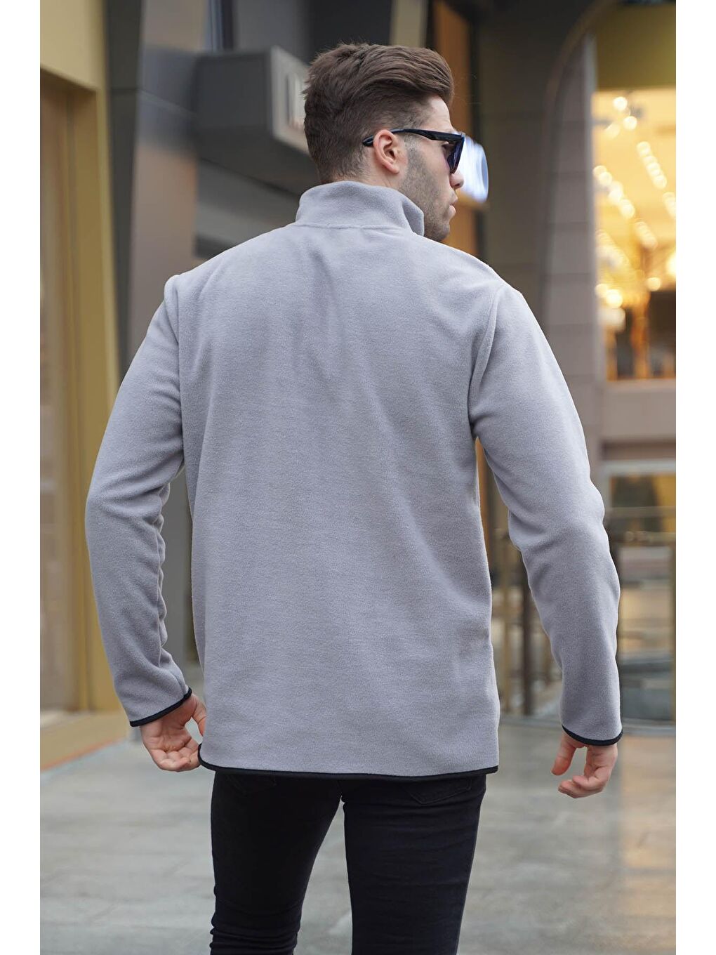 Madmext Gri Baskılı Erkek Boyalı Gri Bato Yaka Kanguru Cepli Soğuk Geçirmez Polar Sweatshirt 6018 - 1