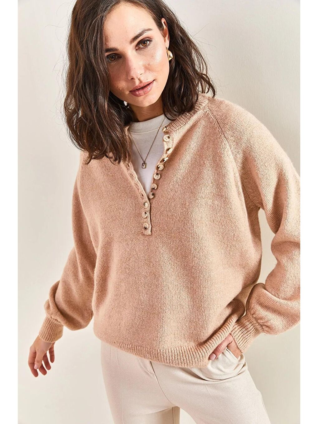 Pembe Kadın Yakası İlikli Balıkçı Yaka Çizgili Triko Kazak-2