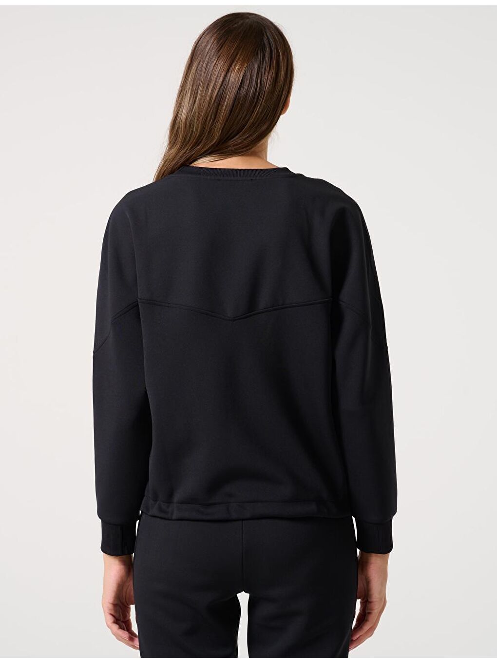 Siyah Düz Kesim Bisiklet Yaka Rahat Uzun Kollu Sweatshirt-4