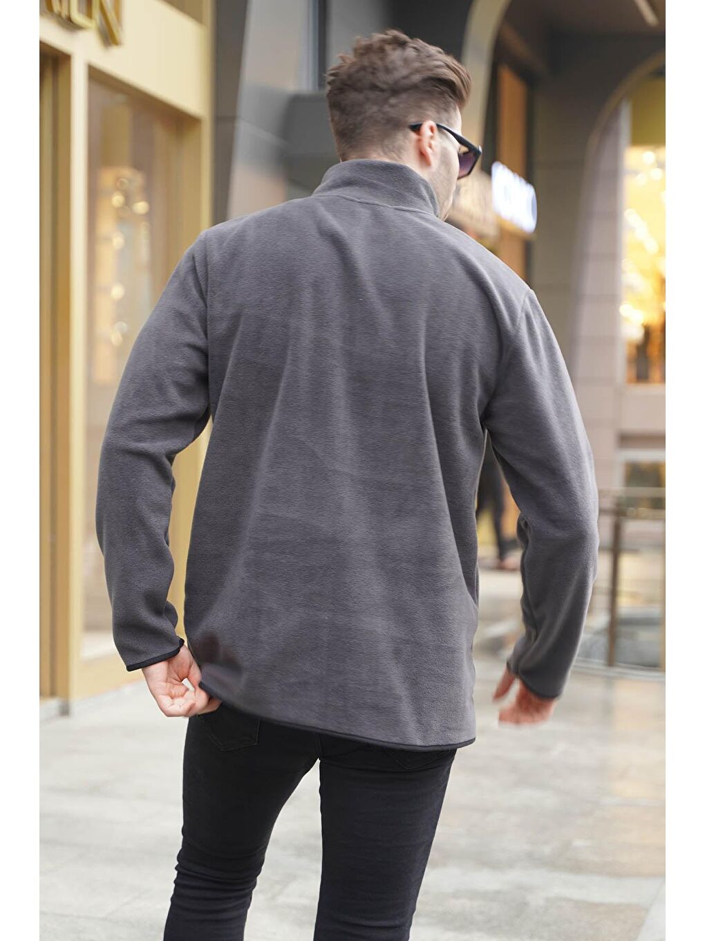 Gri Erkek Füme Bato Yaka Kanguru Cepli Soğuk Geçirmez Polar Sweatshirt 6018-1