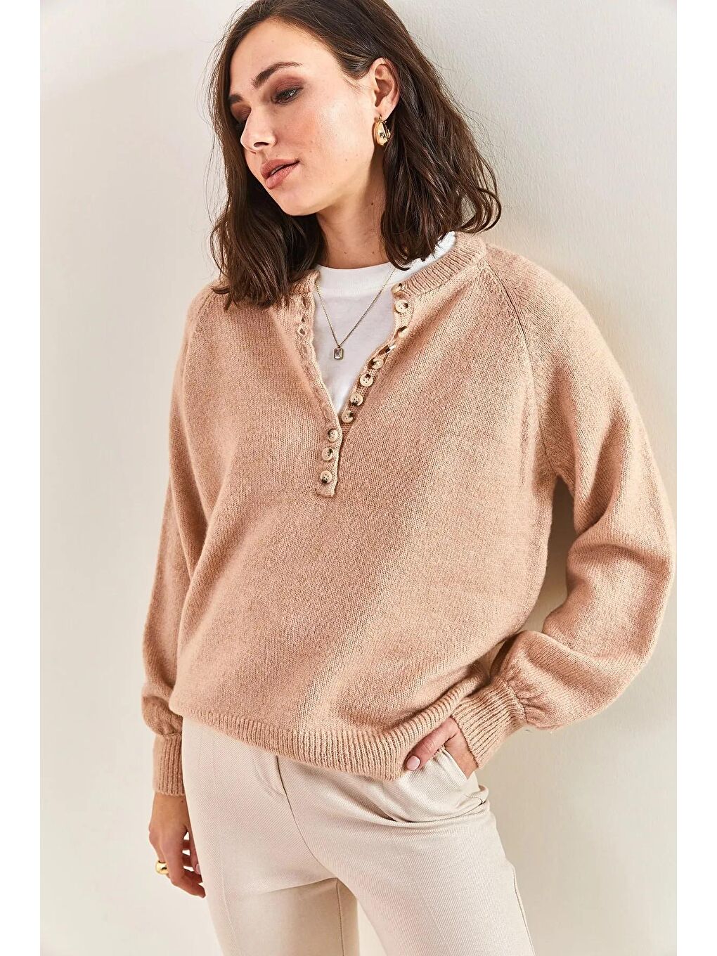 Pembe Kadın Yakası İlikli Balıkçı Yaka Çizgili Triko Kazak-3