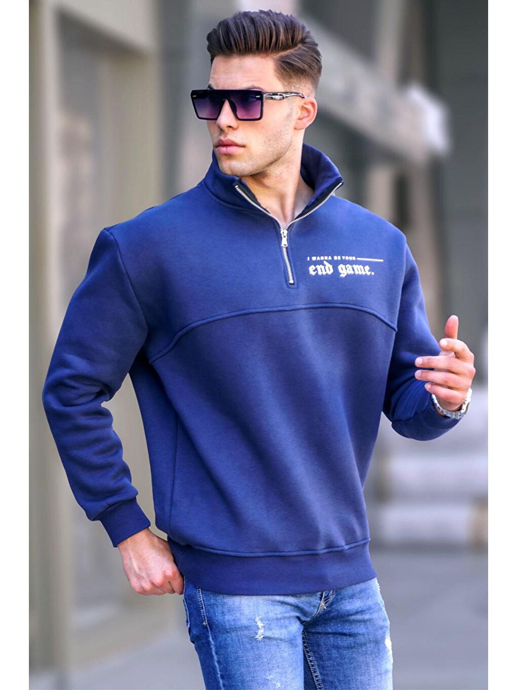 Lacivert Baskılı Fermuarlı Sweatshirt 6001