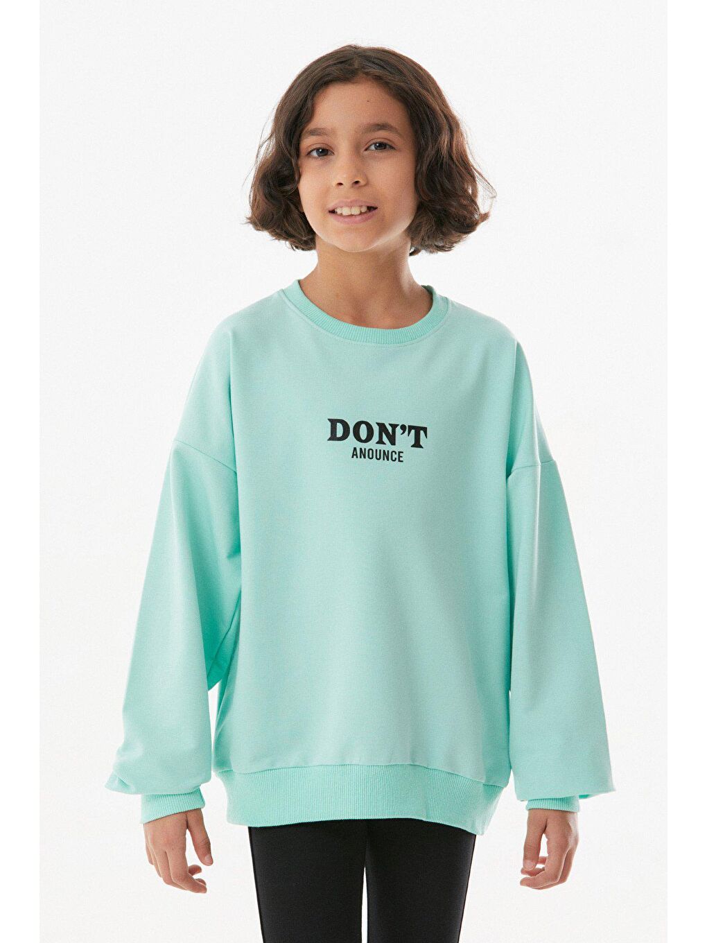 Turkuaz Yazı Baskılı Bisiklet Yaka Kız Çocuk Sweatshirt