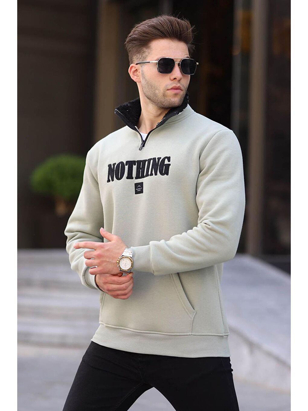 Madmext Nane Yeşili Mint Yeşili Baskılı Fermuar Detaylı Sweatshirt 6003