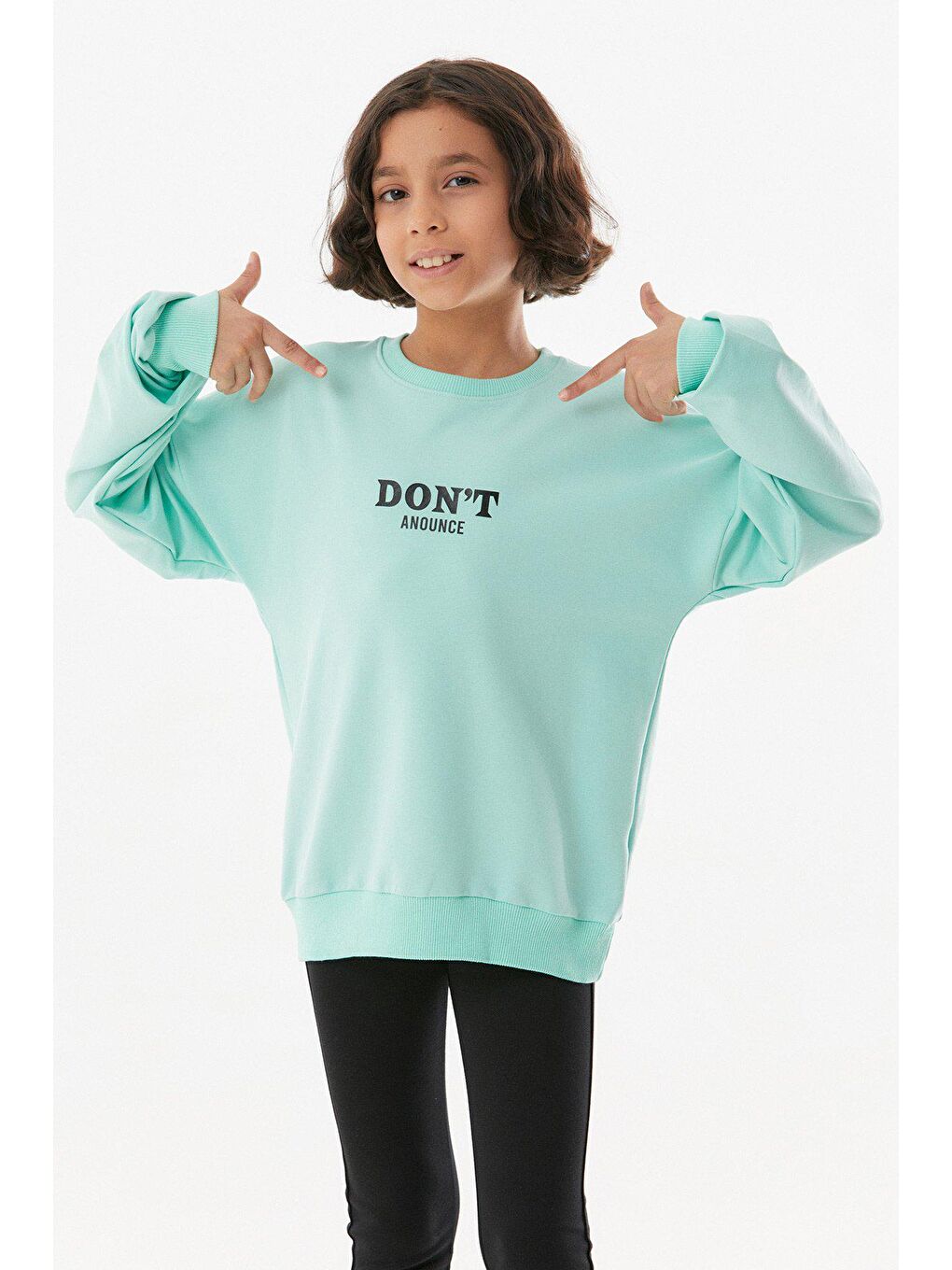 Turkuaz Yazı Baskılı Bisiklet Yaka Kız Çocuk Sweatshirt-1