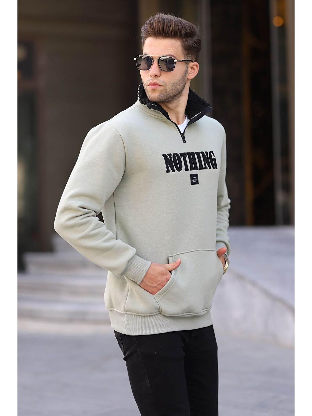 Madmext Nane Yeşili Mint Yeşili Baskılı Fermuar Detaylı Sweatshirt 6003 - 1