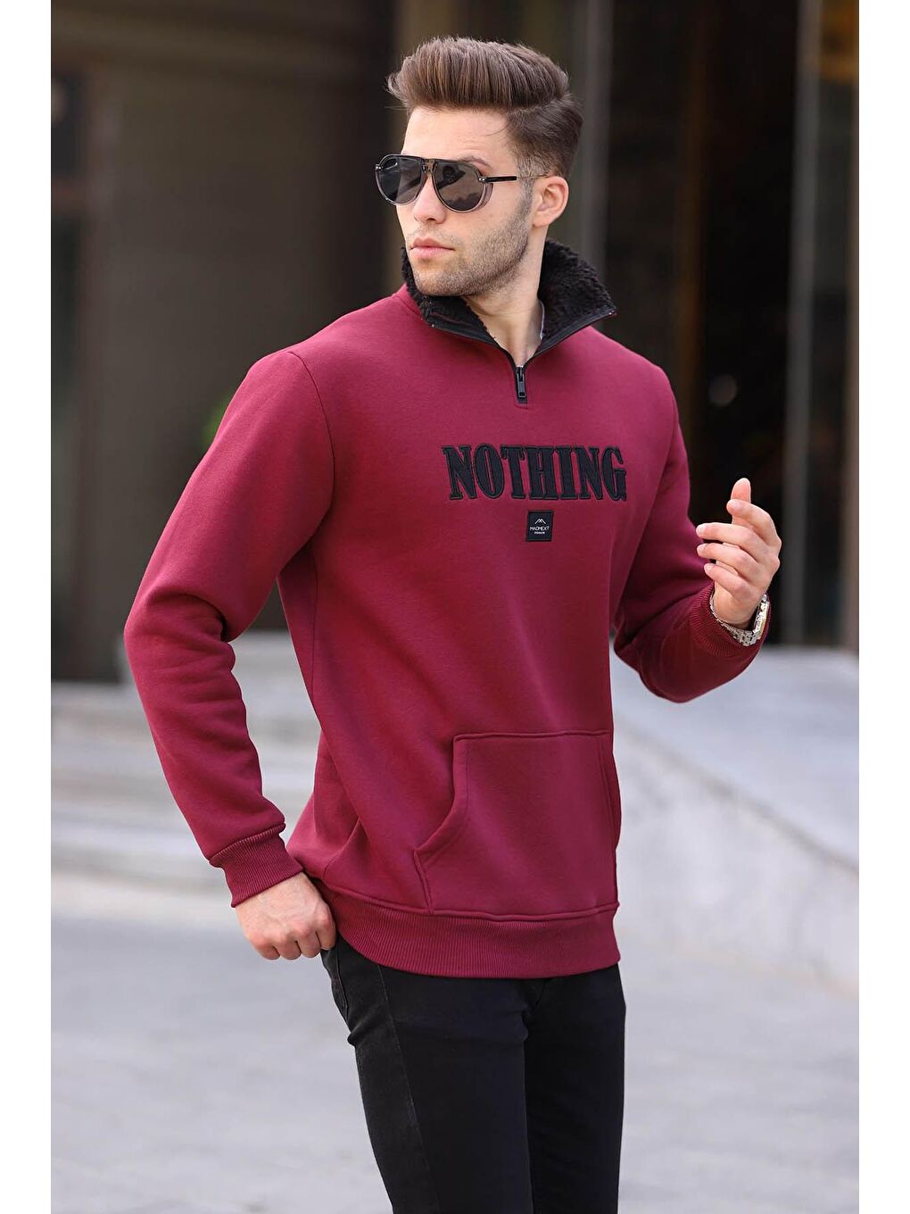 Madmext Bordo Baskılı Fermuar Detaylı Sweatshirt 6003