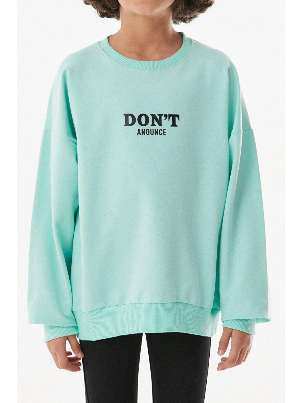 Turkuaz Yazı Baskılı Bisiklet Yaka Kız Çocuk Sweatshirt-3