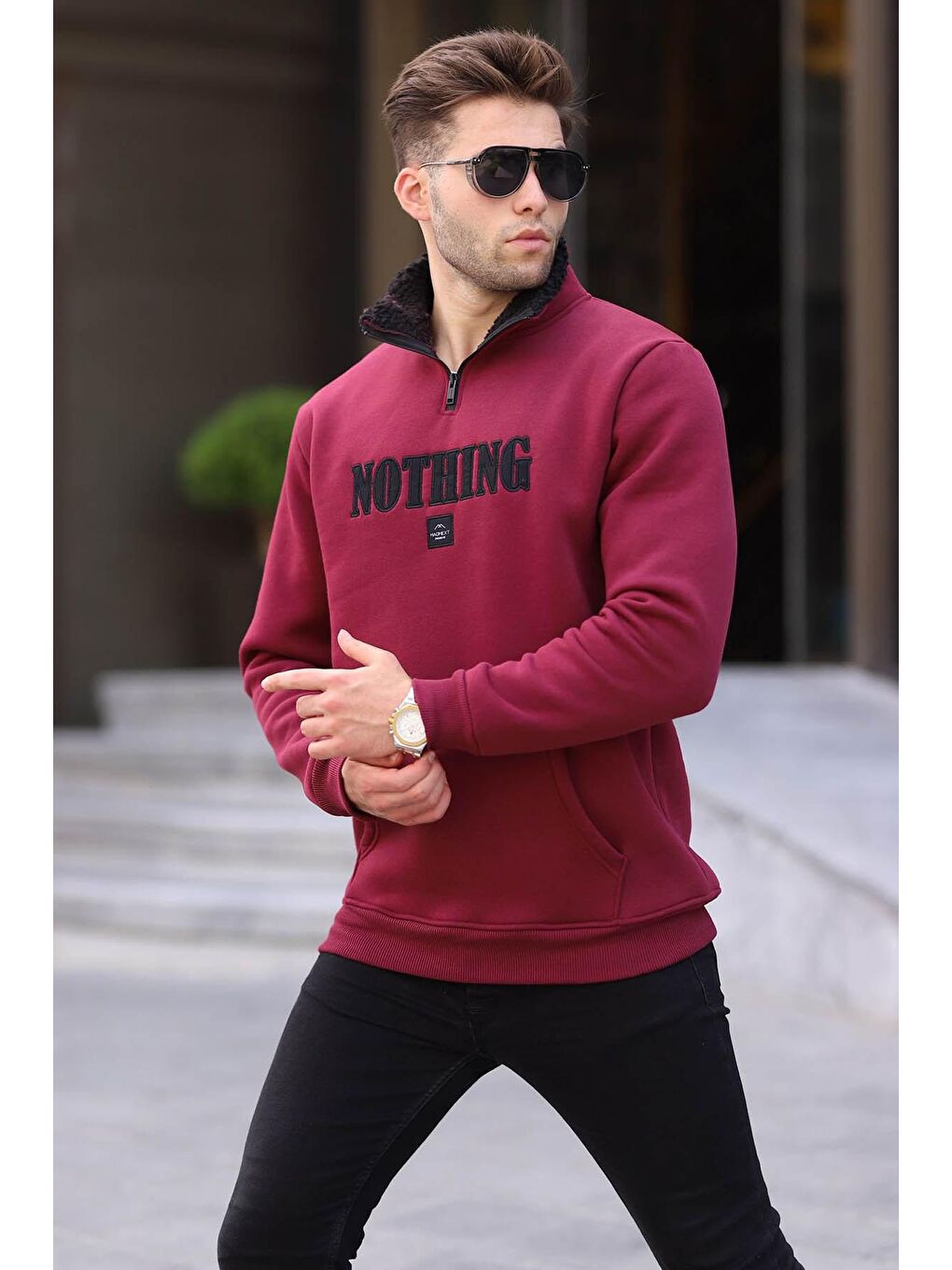 Madmext Bordo Baskılı Fermuar Detaylı Sweatshirt 6003 - 1