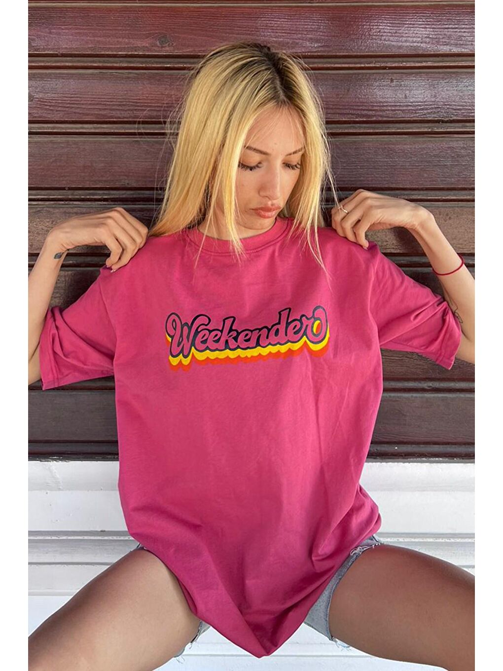 Pembe Baskılı Oversize Yuvarlak Yaka Kadın Tişört-2