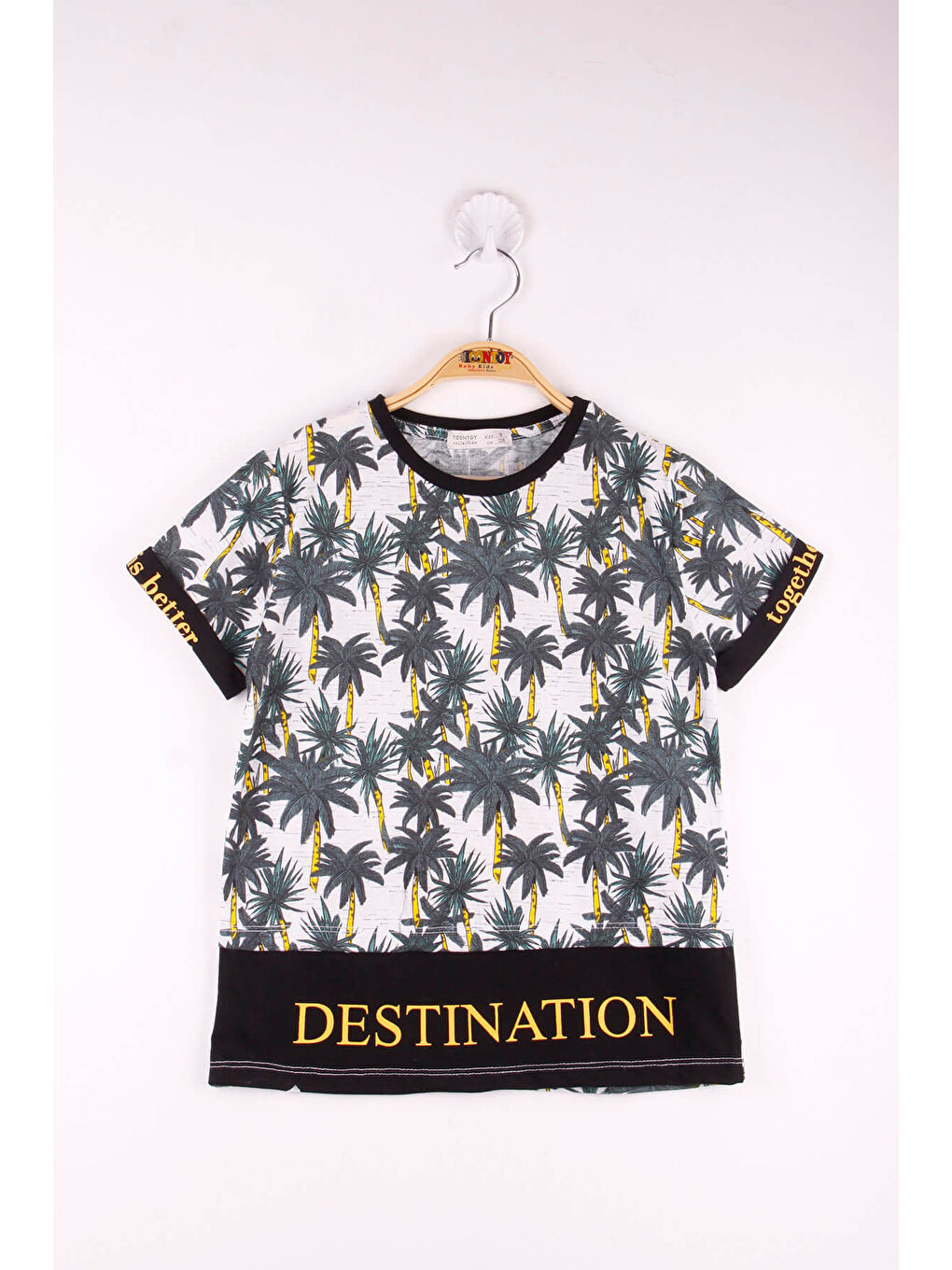 Siyah Erkek Çocuk Palmiye Desenli Garnili Tişört-1