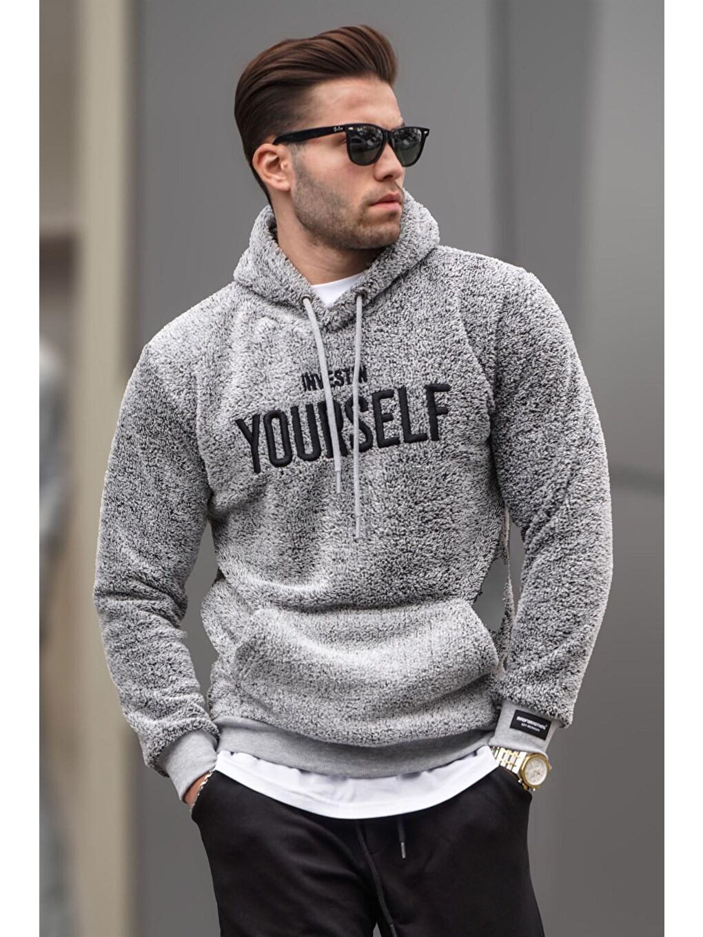 Madmext Gri kapüşonlu Peluş Sweatshirt Gri 4390