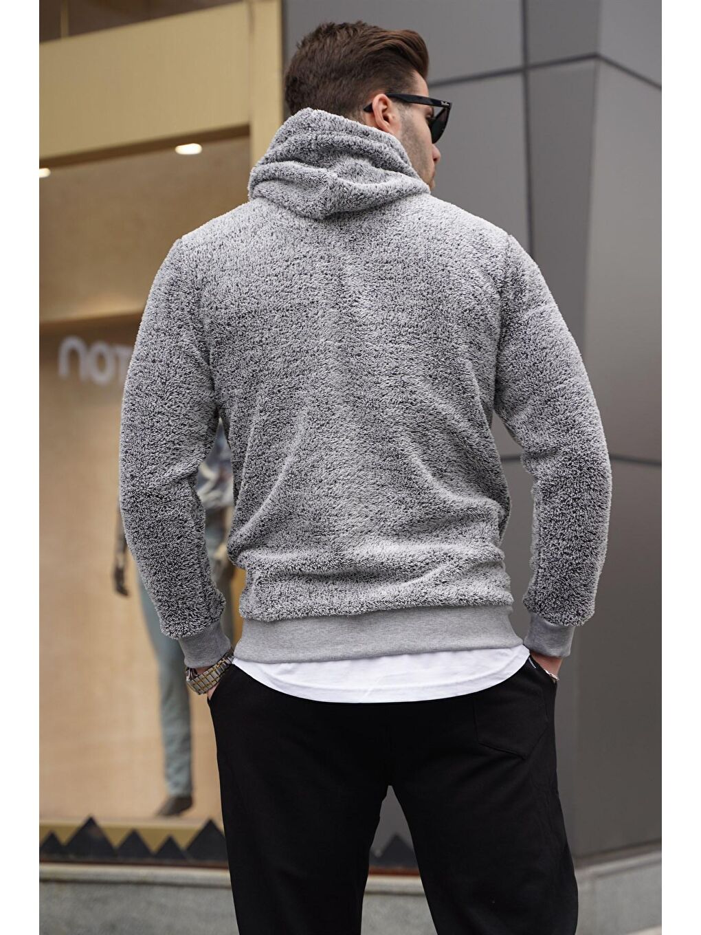 Madmext Gri kapüşonlu Peluş Sweatshirt Gri 4390 - 1