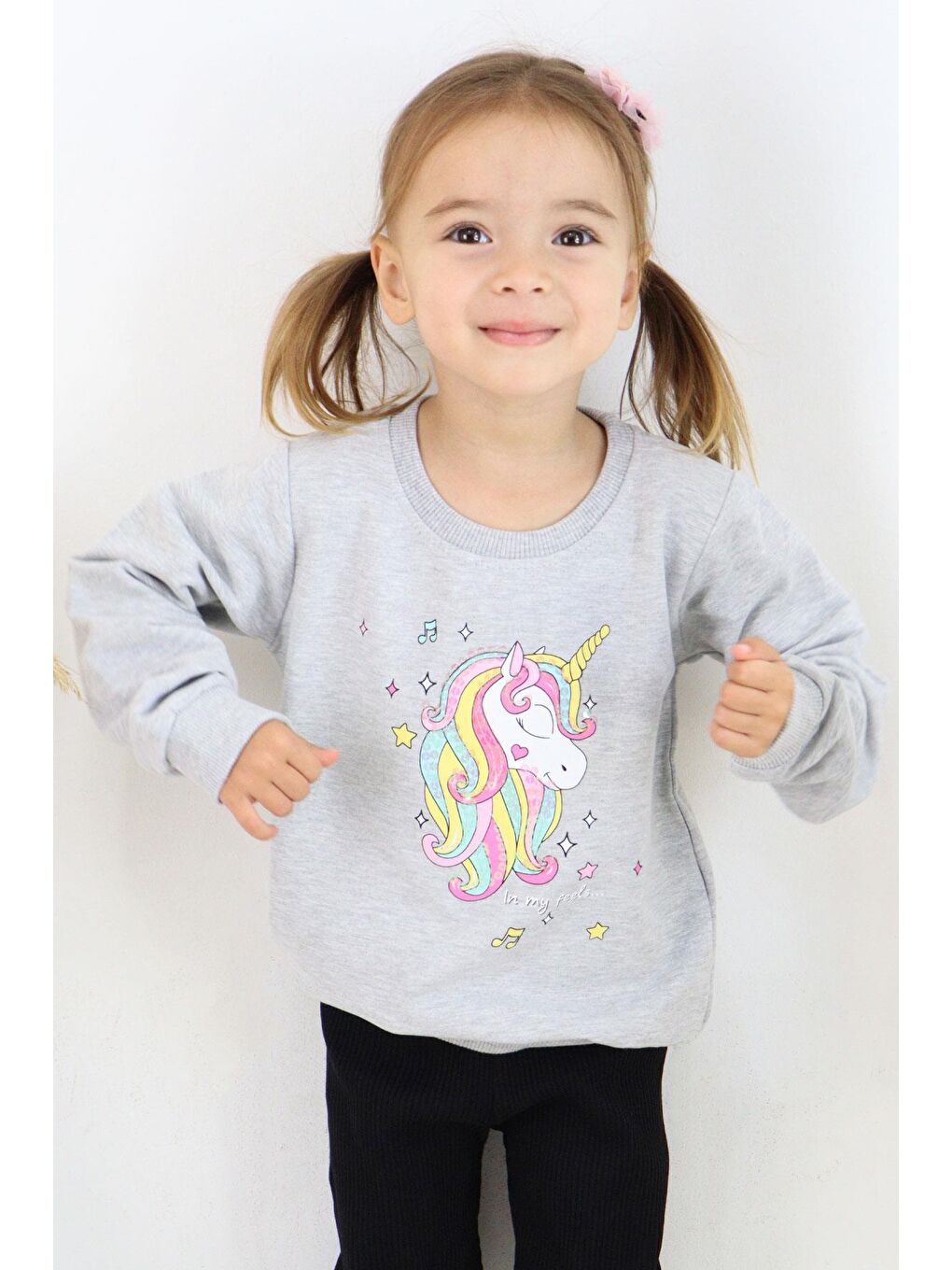 Breeze Bej-Gri Kız Çocuk Sweatshirt Baskılı Pullu Unicorn Gri Melanj (2-3 Yaş) - 3