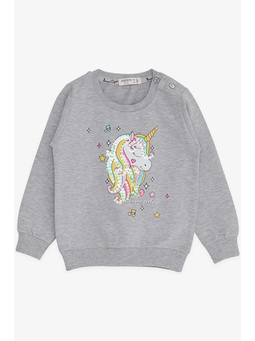 Breeze Bej-Gri Kız Çocuk Sweatshirt Baskılı Pullu Unicorn Gri Melanj (2-3 Yaş) - 4