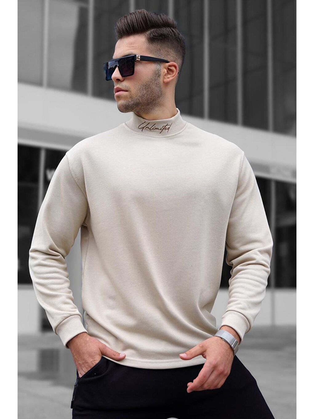 Bej Yarım Balıkçı Yaka Erkek Sweatshirt 5329-1