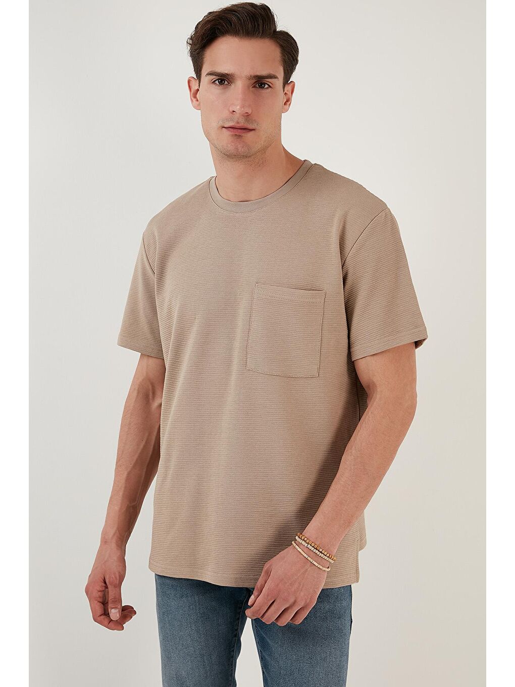 Buratti Açık Kahve Bisiklet Yaka Tek Cepli Pamuklu Oversize T Shirt 5902305