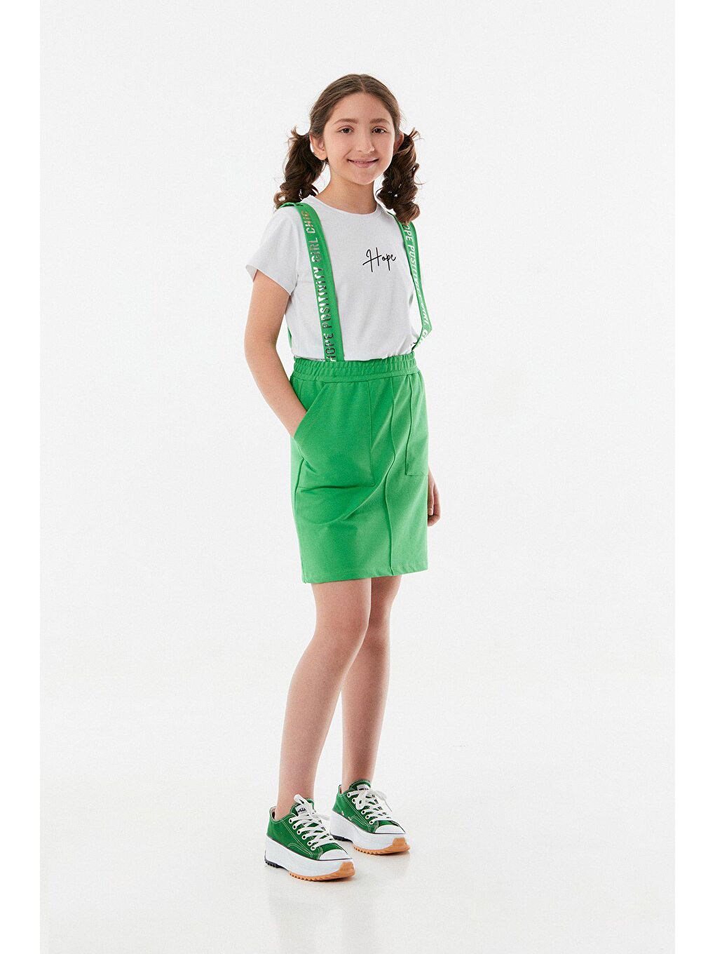 Yeşil Hope Yazı Baskılı Kız Çocuk Salopet Takım