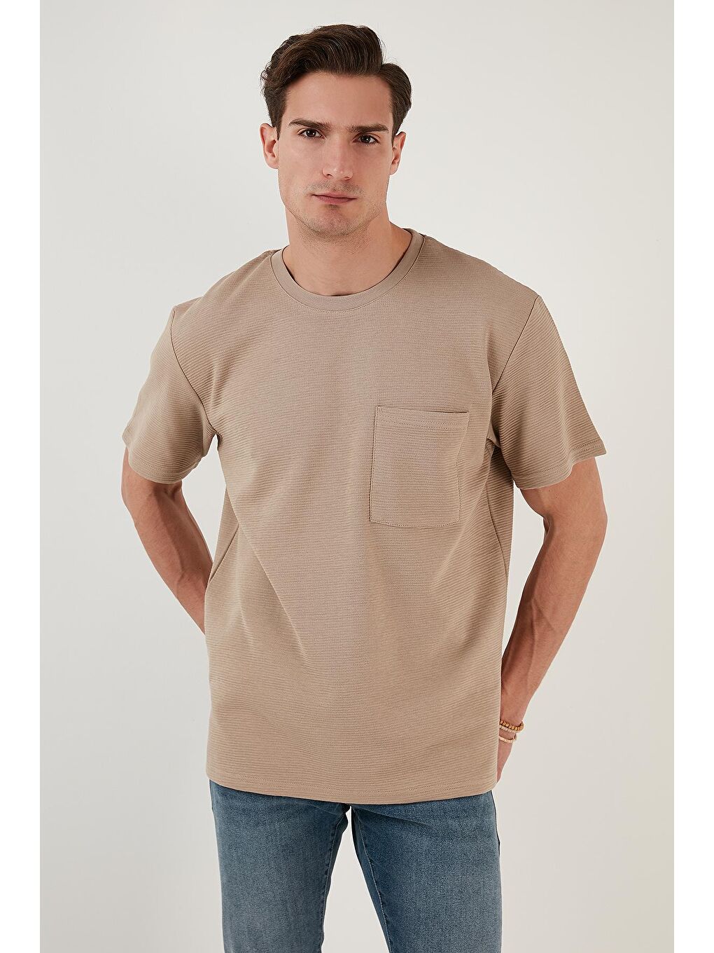 Buratti Açık Kahve Bisiklet Yaka Tek Cepli Pamuklu Oversize T Shirt 5902305 - 2