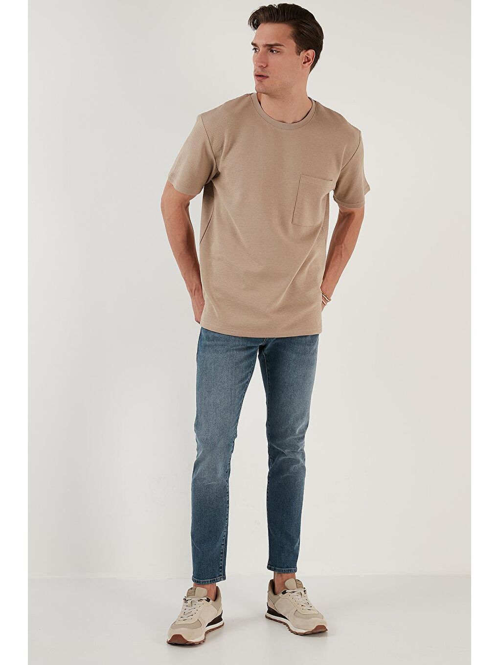 Buratti Açık Kahve Bisiklet Yaka Tek Cepli Pamuklu Oversize T Shirt 5902305 - 3